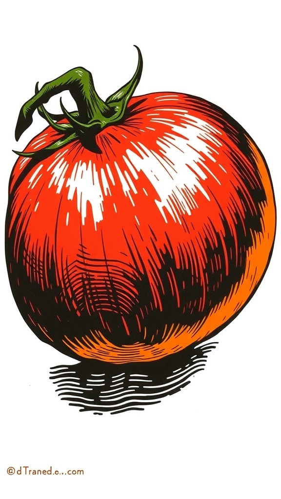 Linocut print of a tomato with detailed carvings and bright colors on a white background.